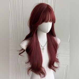 28 Inch Burgundy Long Wavy Wig with Bangs